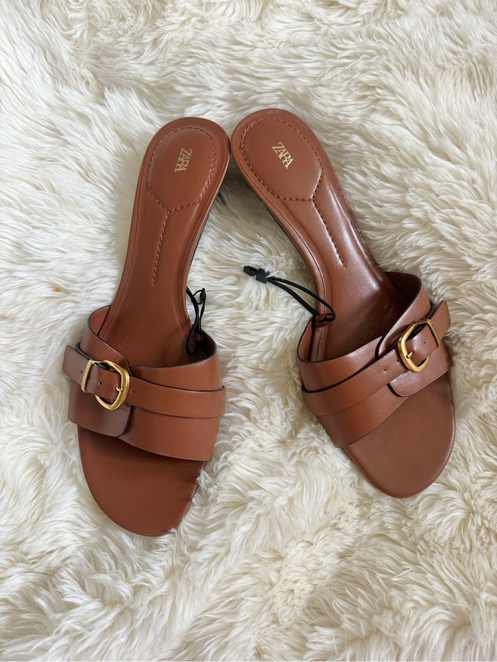 Zara Tan Leather Buckle Slide Mules